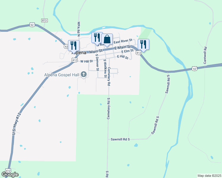 map of restaurants, bars, coffee shops, grocery stores, and more near 415 Cemetery Road in Alpena