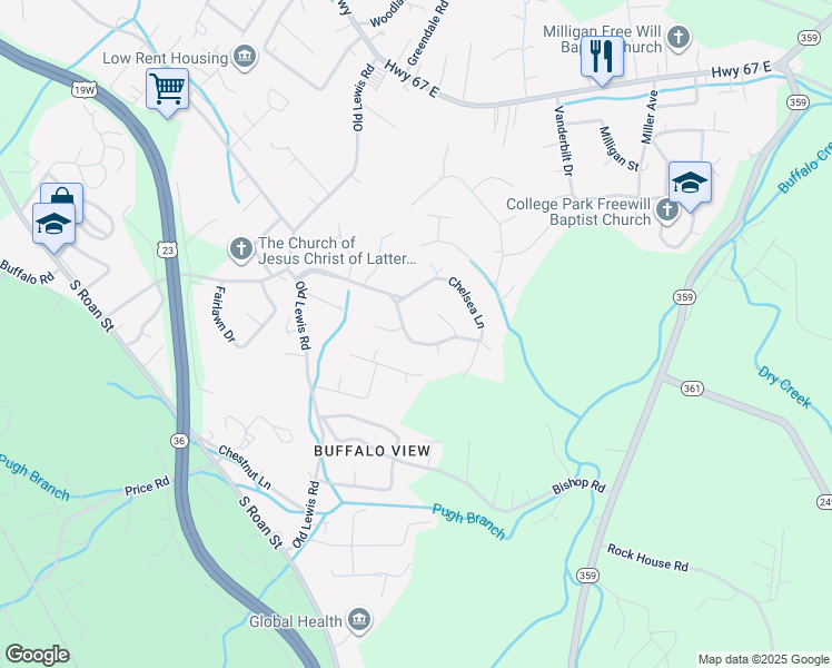 map of restaurants, bars, coffee shops, grocery stores, and more near 3405 Martindale Drive in Johnson City