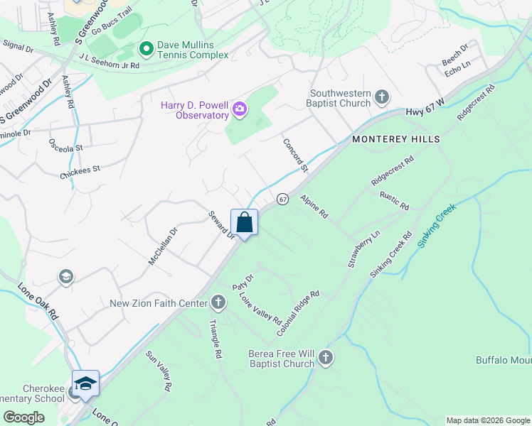 map of restaurants, bars, coffee shops, grocery stores, and more near 1601 Cherokee Road in Johnson City