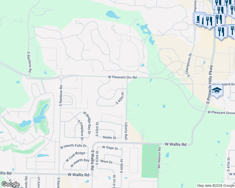 map of restaurants, bars, coffee shops, grocery stores, and more near 5222 South 60th Place in Rogers