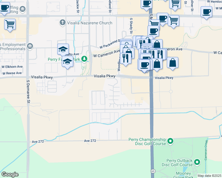map of restaurants, bars, coffee shops, grocery stores, and more near 2400 West Midvalley Avenue in Visalia