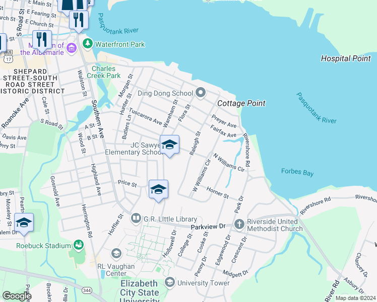 map of restaurants, bars, coffee shops, grocery stores, and more near 1205 Park Street in Elizabeth City