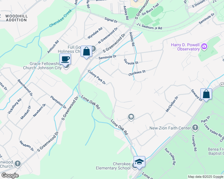 map of restaurants, bars, coffee shops, grocery stores, and more near 1551 Colony Park Drive in Johnson City