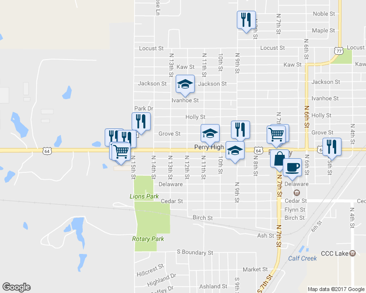 map of restaurants, bars, coffee shops, grocery stores, and more near 601 North 12th Street in Perry