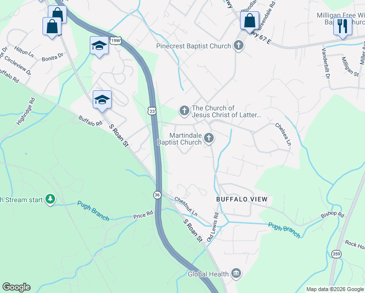 map of restaurants, bars, coffee shops, grocery stores, and more near 116 Fairlawn Drive in Johnson City