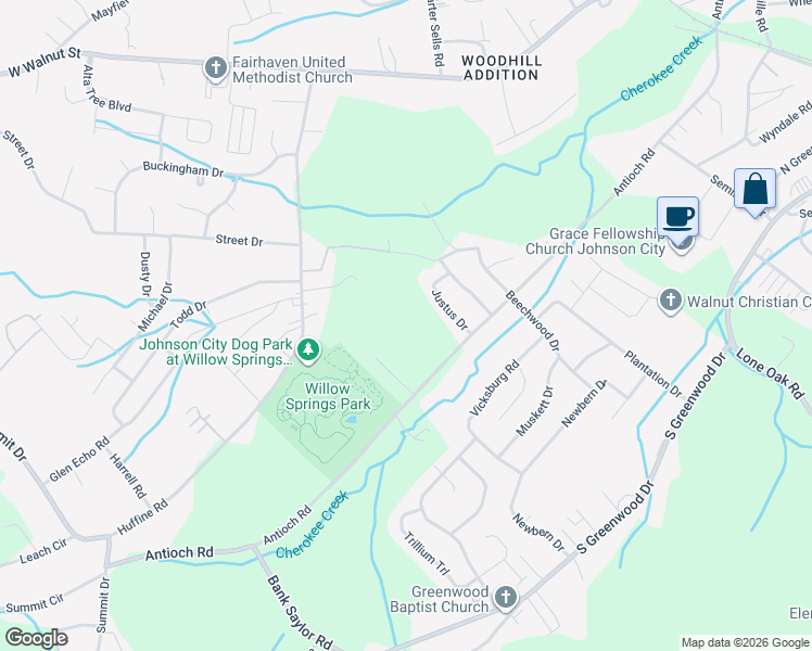 map of restaurants, bars, coffee shops, grocery stores, and more near 1014B Antioch Road in Johnson City
