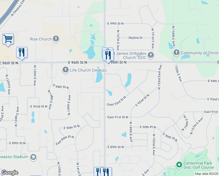 map of restaurants, bars, coffee shops, grocery stores, and more near 14532 East 93rd Place North in Owasso