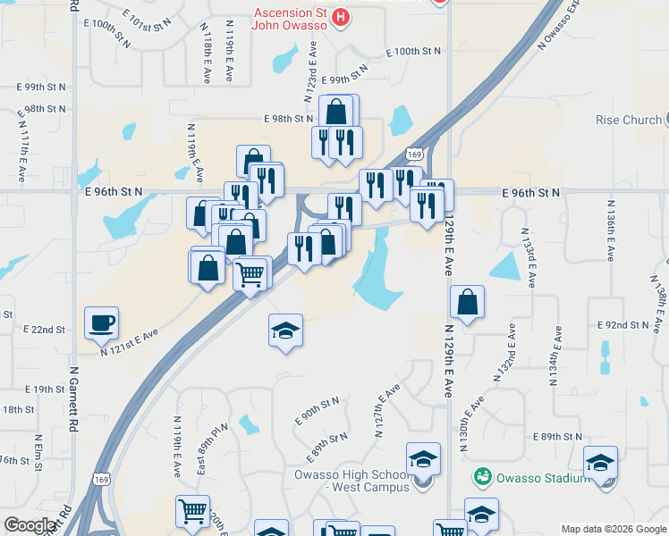map of restaurants, bars, coffee shops, grocery stores, and more near 9455 Owasso Expressway Frontage Road in Owasso