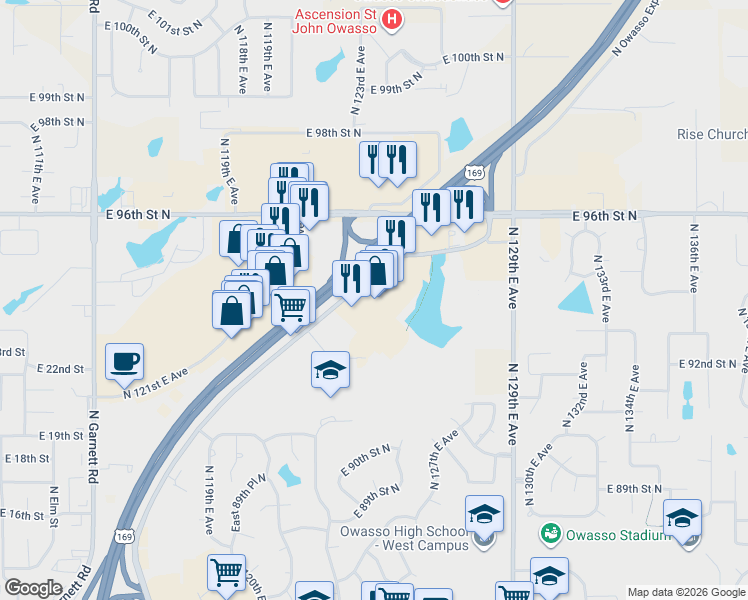 map of restaurants, bars, coffee shops, grocery stores, and more near 9455 Owasso Expressway Frontage Road in Owasso