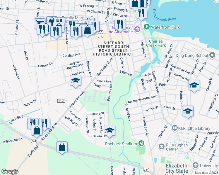 map of restaurants, bars, coffee shops, grocery stores, and more near 1101 Peartree Road in Elizabeth City