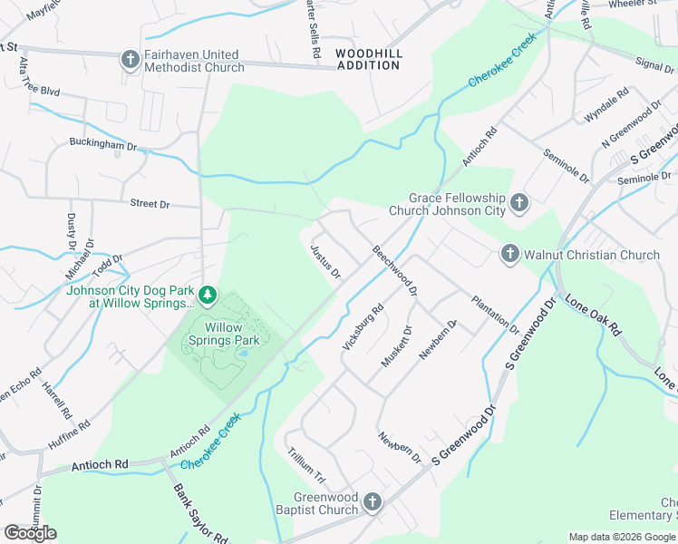 map of restaurants, bars, coffee shops, grocery stores, and more near 2911 Antioch Road in Johnson City