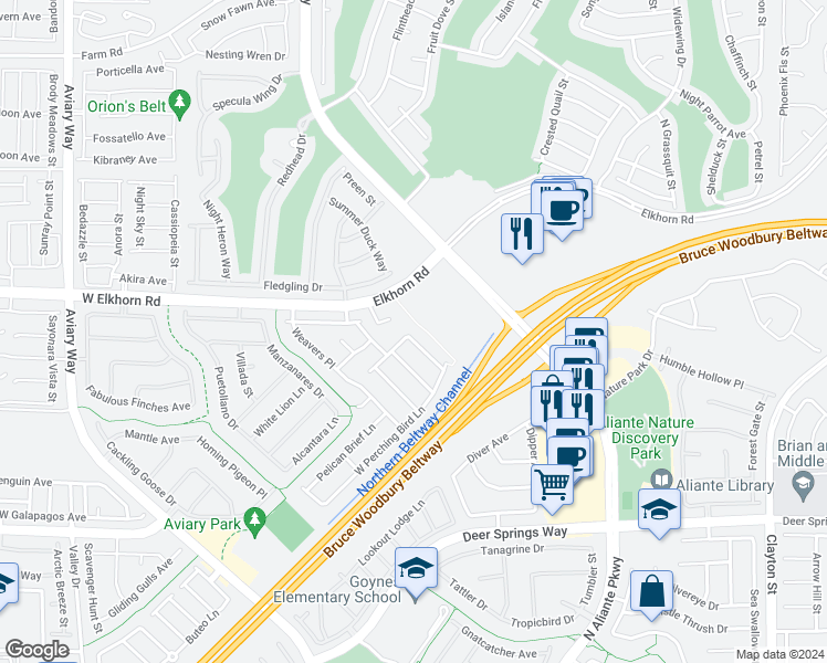 map of restaurants, bars, coffee shops, grocery stores, and more near 7140 Diving Petrels Place in North Las Vegas