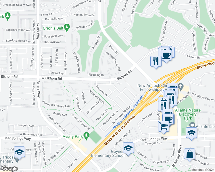 map of restaurants, bars, coffee shops, grocery stores, and more near 3525 West Kingfishers Catch Avenue in North Las Vegas