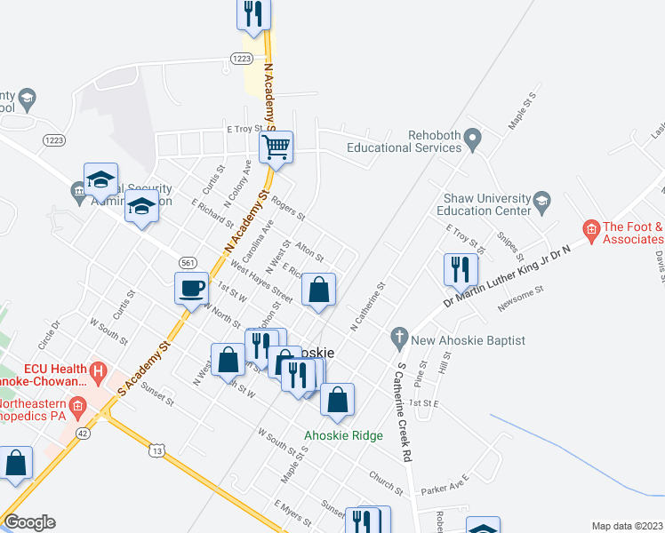 map of restaurants, bars, coffee shops, grocery stores, and more near North Mitchell Street in Ahoskie