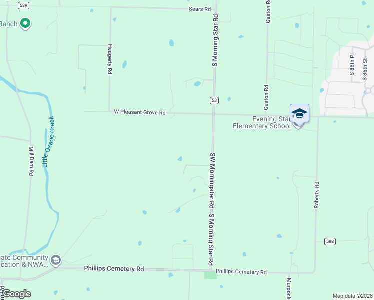 map of restaurants, bars, coffee shops, grocery stores, and more near 10125 South Morning Star Road in Bentonville
