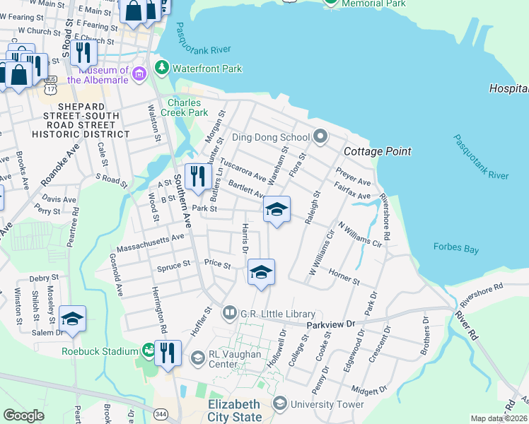 map of restaurants, bars, coffee shops, grocery stores, and more near 1007 Park Street in Elizabeth City