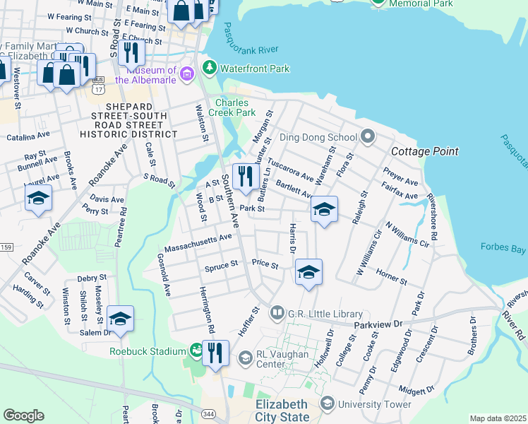map of restaurants, bars, coffee shops, grocery stores, and more near 811 Park Street in Elizabeth City