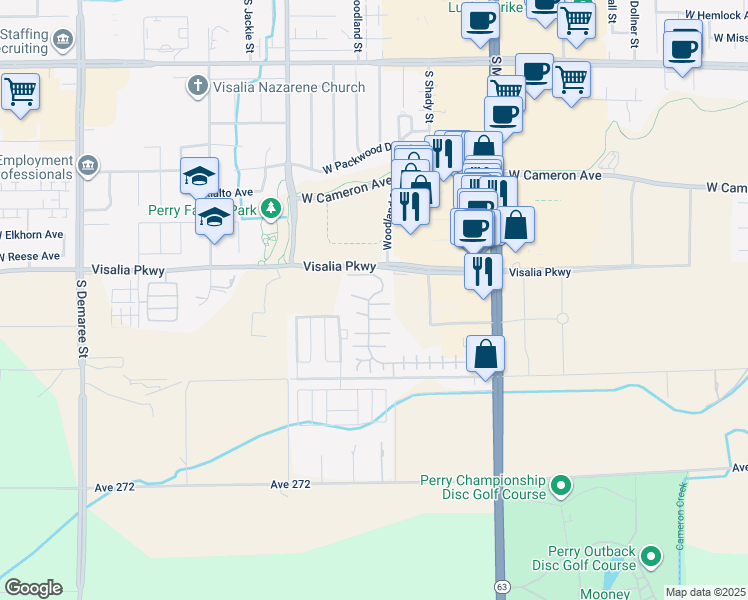 map of restaurants, bars, coffee shops, grocery stores, and more near 2400 West Midvalley Avenue in Visalia