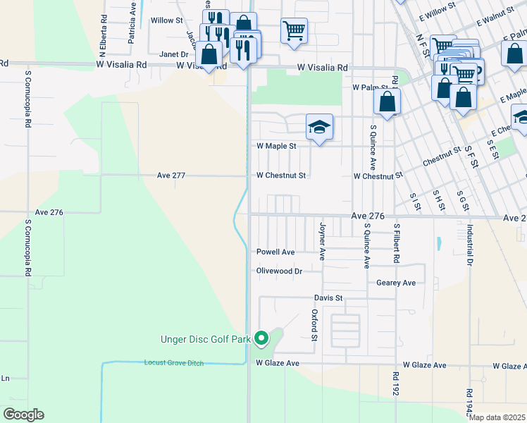 map of restaurants, bars, coffee shops, grocery stores, and more near 505 South Francis Avenue in Exeter