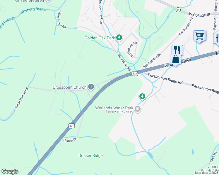 map of restaurants, bars, coffee shops, grocery stores, and more near 1732 Andrew Johnson Highway in Jonesborough