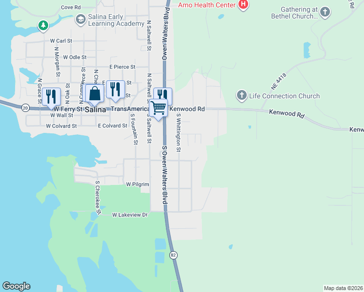 map of restaurants, bars, coffee shops, grocery stores, and more near 711 East Gary Street in Salina