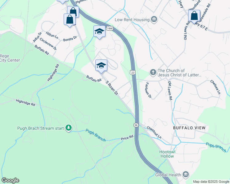 map of restaurants, bars, coffee shops, grocery stores, and more near South Roan Street in Johnson City