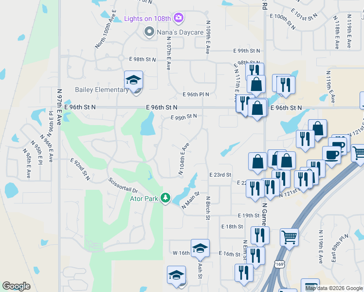 map of restaurants, bars, coffee shops, grocery stores, and more near 10307 East 93rd Place North in Owasso