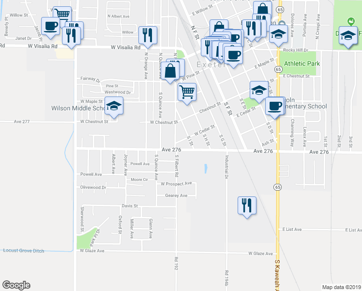 map of restaurants, bars, coffee shops, grocery stores, and more near 349 South Filbert Road in Exeter