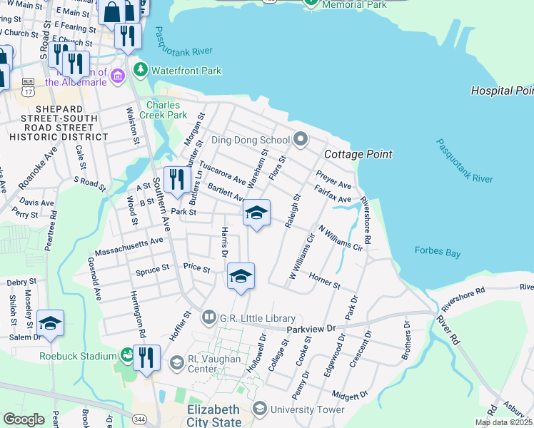 map of restaurants, bars, coffee shops, grocery stores, and more near 1012 Flora Street in Elizabeth City