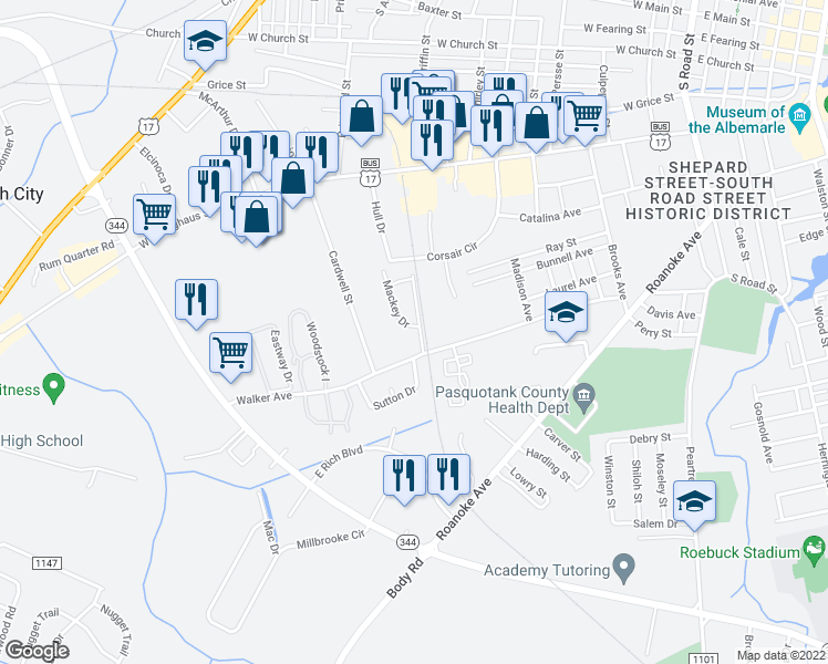 map of restaurants, bars, coffee shops, grocery stores, and more near 109 Renaissance Circle in Elizabeth City