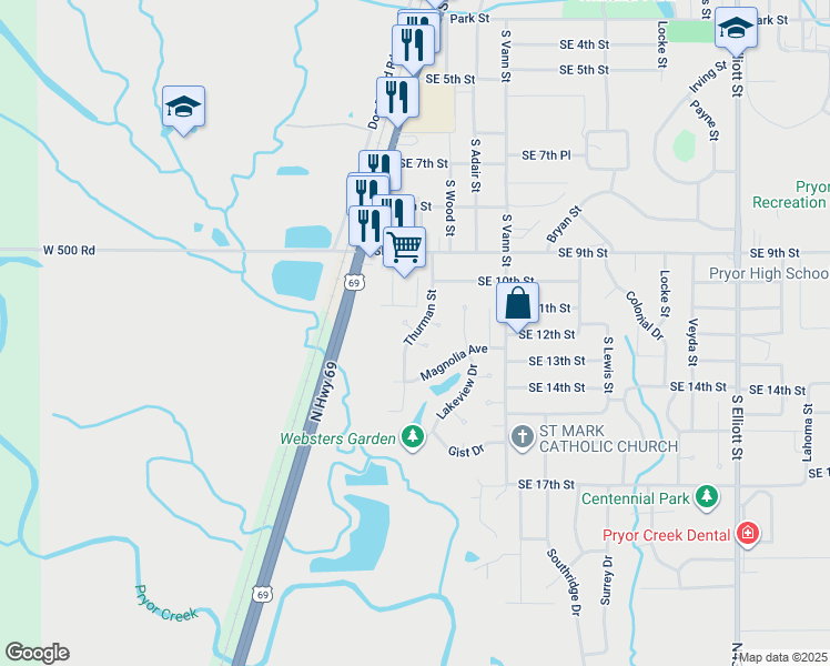 map of restaurants, bars, coffee shops, grocery stores, and more near 1016 Thurman Street in Pryor