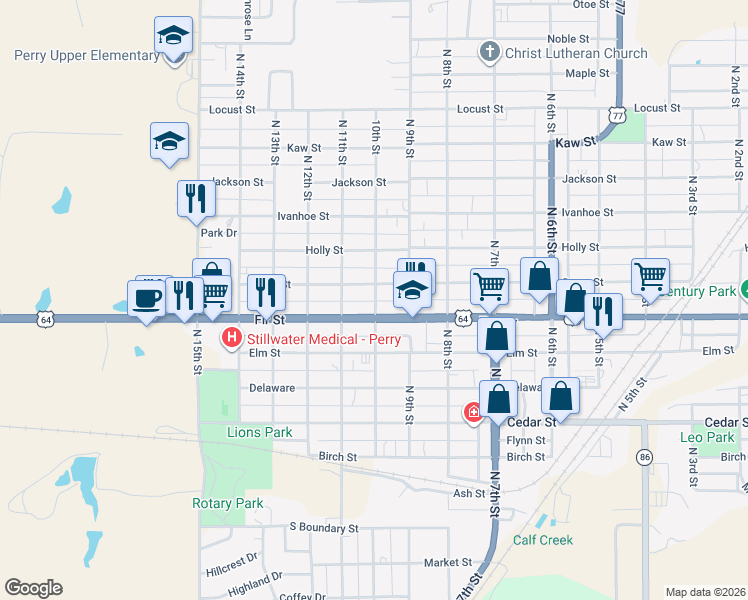 map of restaurants, bars, coffee shops, grocery stores, and more near 921 Grove Street in Perry