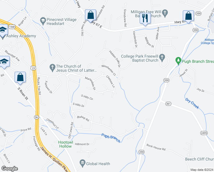 map of restaurants, bars, coffee shops, grocery stores, and more near 2 Staunton Circle in Johnson City