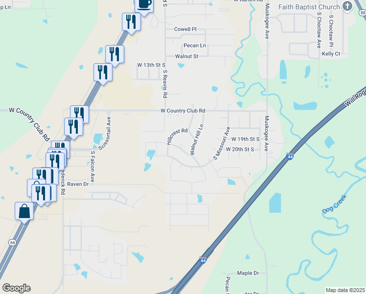 map of restaurants, bars, coffee shops, grocery stores, and more near 1806 Tulip Court in Claremore