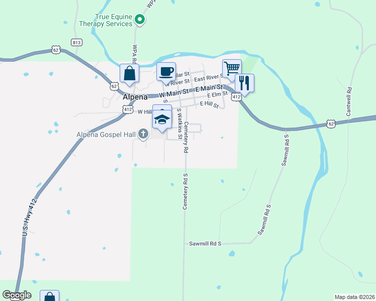 map of restaurants, bars, coffee shops, grocery stores, and more near 403 Shady Lane in Alpena