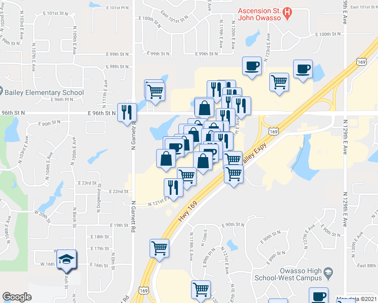 map of restaurants, bars, coffee shops, grocery stores, and more near 9018 North 121st East Avenue in Owasso