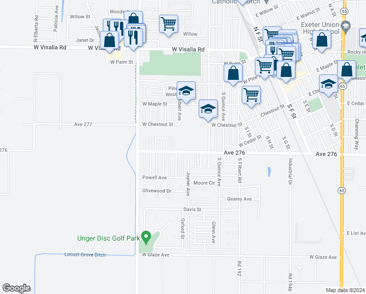 map of restaurants, bars, coffee shops, grocery stores, and more near 825 West Firebaugh Avenue in Exeter