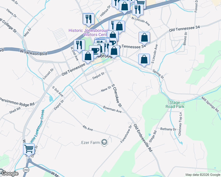 map of restaurants, bars, coffee shops, grocery stores, and more near 319 South Cherokee Street in Jonesborough