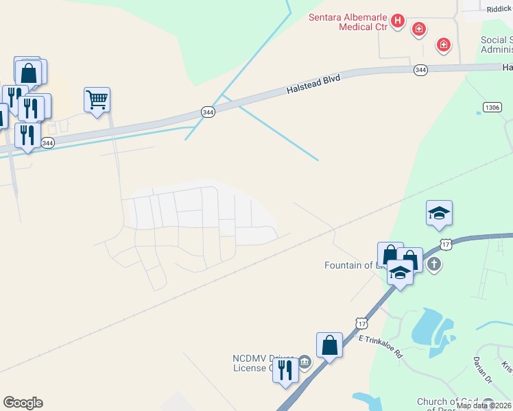 map of restaurants, bars, coffee shops, grocery stores, and more near 3500 Goose Pond Way in Elizabeth City