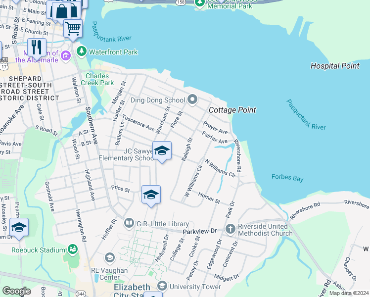 map of restaurants, bars, coffee shops, grocery stores, and more near 1005 Raleigh Street in Elizabeth City
