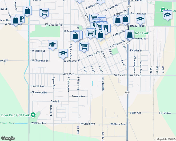 map of restaurants, bars, coffee shops, grocery stores, and more near 409 South I Street in Exeter