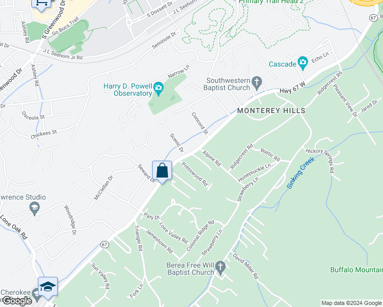 map of restaurants, bars, coffee shops, grocery stores, and more near Cherokee Rd & Parkwood Ln in Johnson City