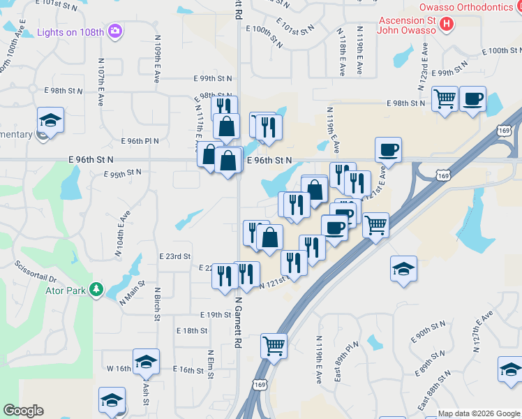 map of restaurants, bars, coffee shops, grocery stores, and more near 9423 North Garnett Road in Owasso