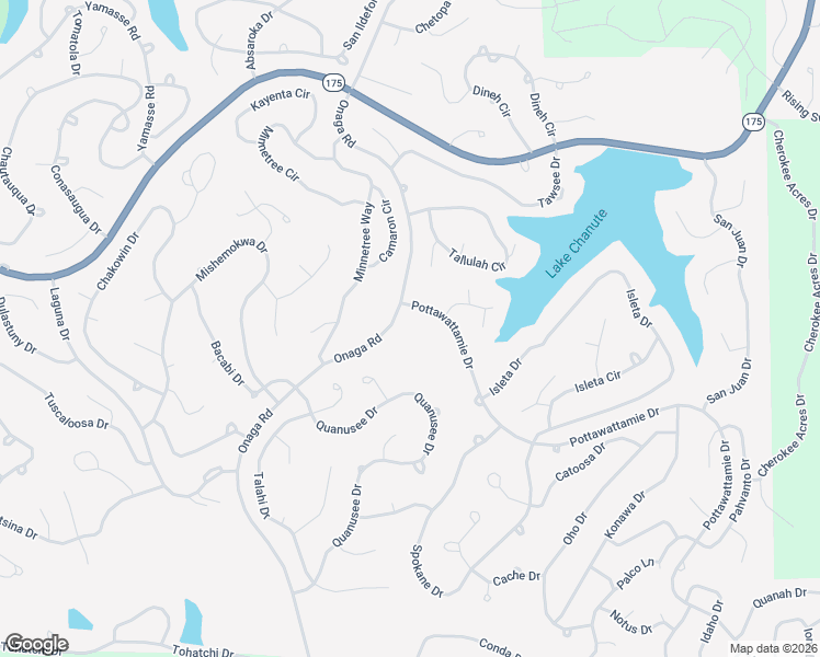 map of restaurants, bars, coffee shops, grocery stores, and more near Pottawattamie Drive in Cherokee Village