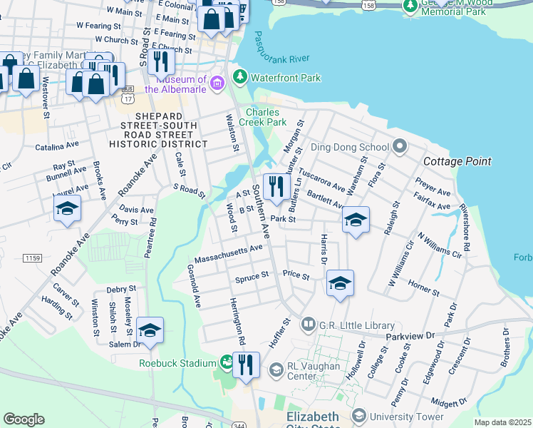 map of restaurants, bars, coffee shops, grocery stores, and more near 1010 Southern Avenue in Elizabeth City