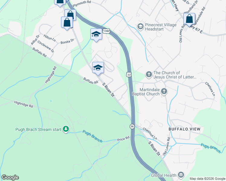 map of restaurants, bars, coffee shops, grocery stores, and more near 2723 South Roan Street in Johnson City