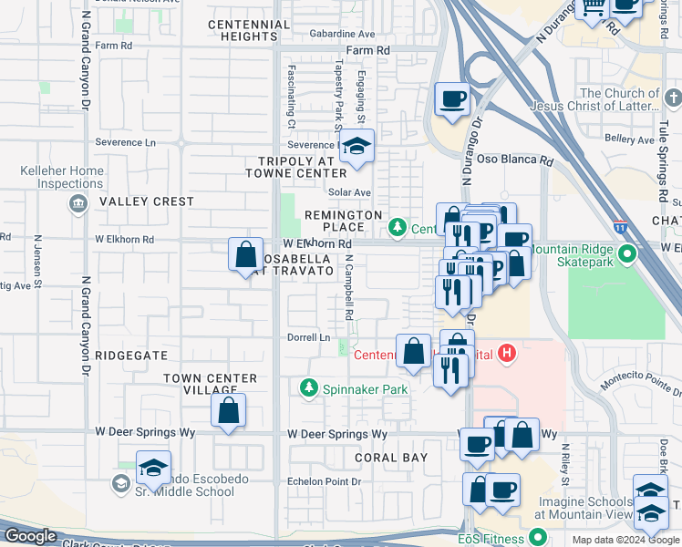 map of restaurants, bars, coffee shops, grocery stores, and more near 7112 Bear Paw Creek Street in Las Vegas