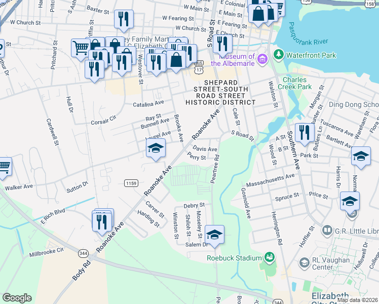 map of restaurants, bars, coffee shops, grocery stores, and more near 419 Davis Avenue in Elizabeth City