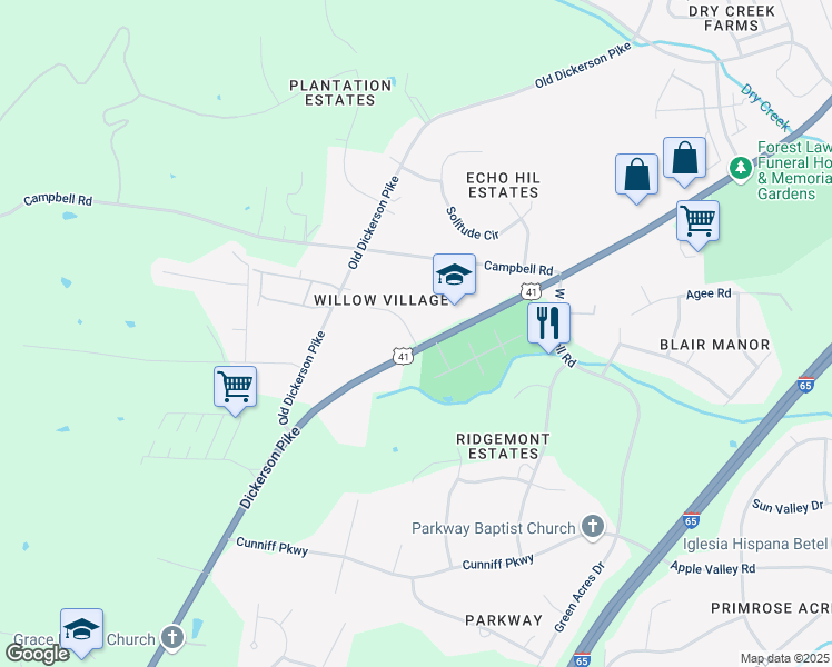 map of restaurants, bars, coffee shops, grocery stores, and more near 900 Weeping Willow Way in Goodlettsville