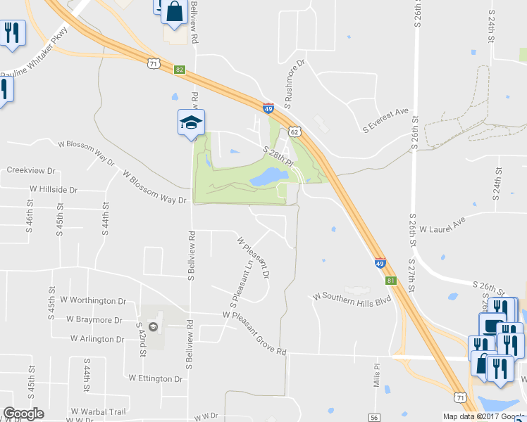 map of restaurants, bars, coffee shops, grocery stores, and more near 3911 West Brooks Circle in Rogers